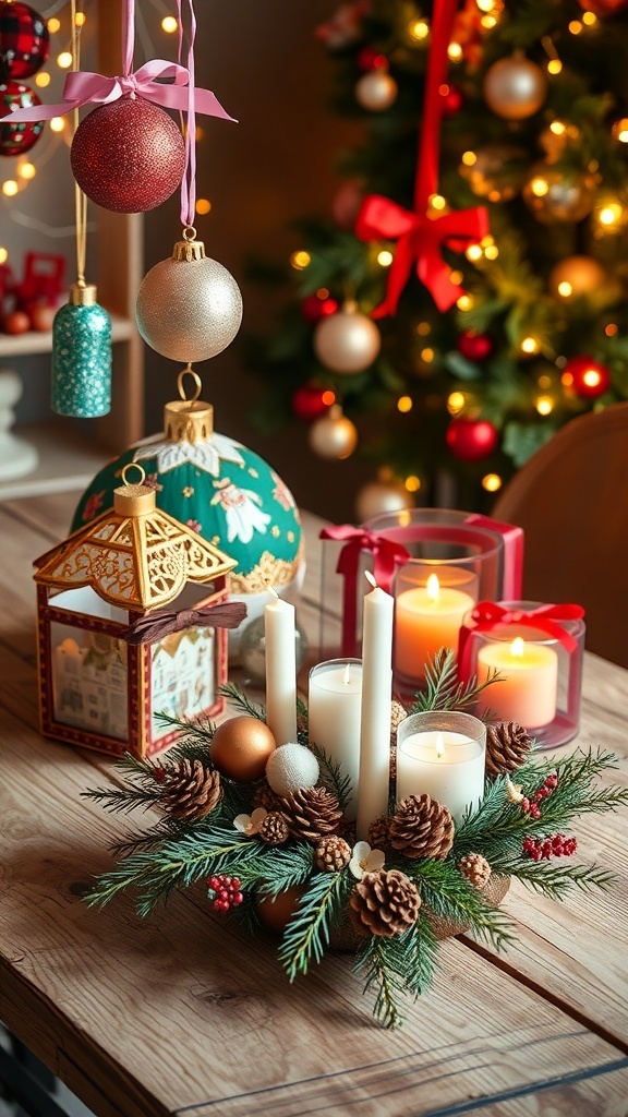 A variety of DIY Christmas decorations including ornaments, a wreath, and a centerpiece on a wooden table with fairy lights.